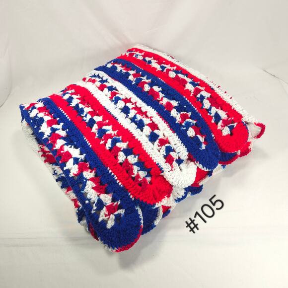Vintage Handmade Afghan Blanket Crochet Knit Striped 47x63 Red White Blue - Picture 1 of 6